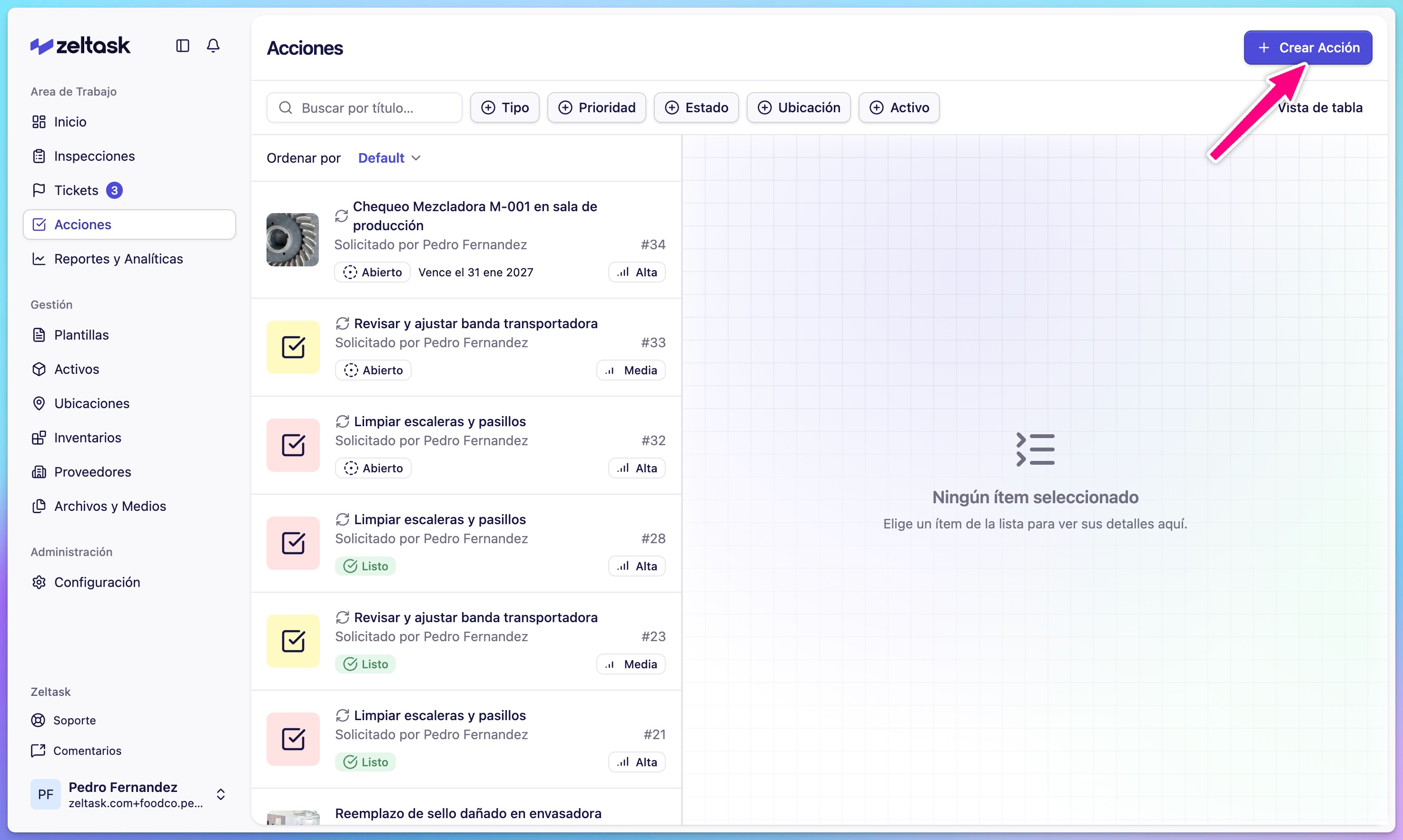 Actions list with Create Action button highlighted